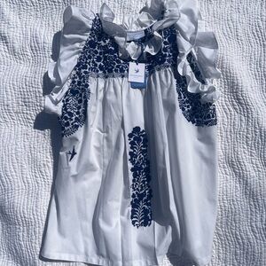 Mi Golondrina White Blouse with Navy Blue Embroidery